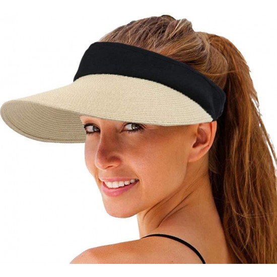 Women Summer Empty Top Black Large Brim Luxury Foldable Beach Straw Visor Hat Outdoor Casual UV Protection Hats Wholesale