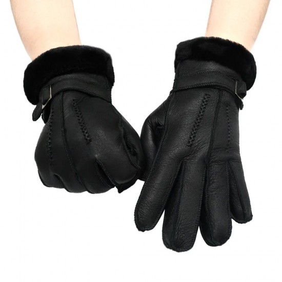 High quality Goat Sheepskin Fur Leather Winter Gloves Fashion Soft Black Leather Gloves for Men Women